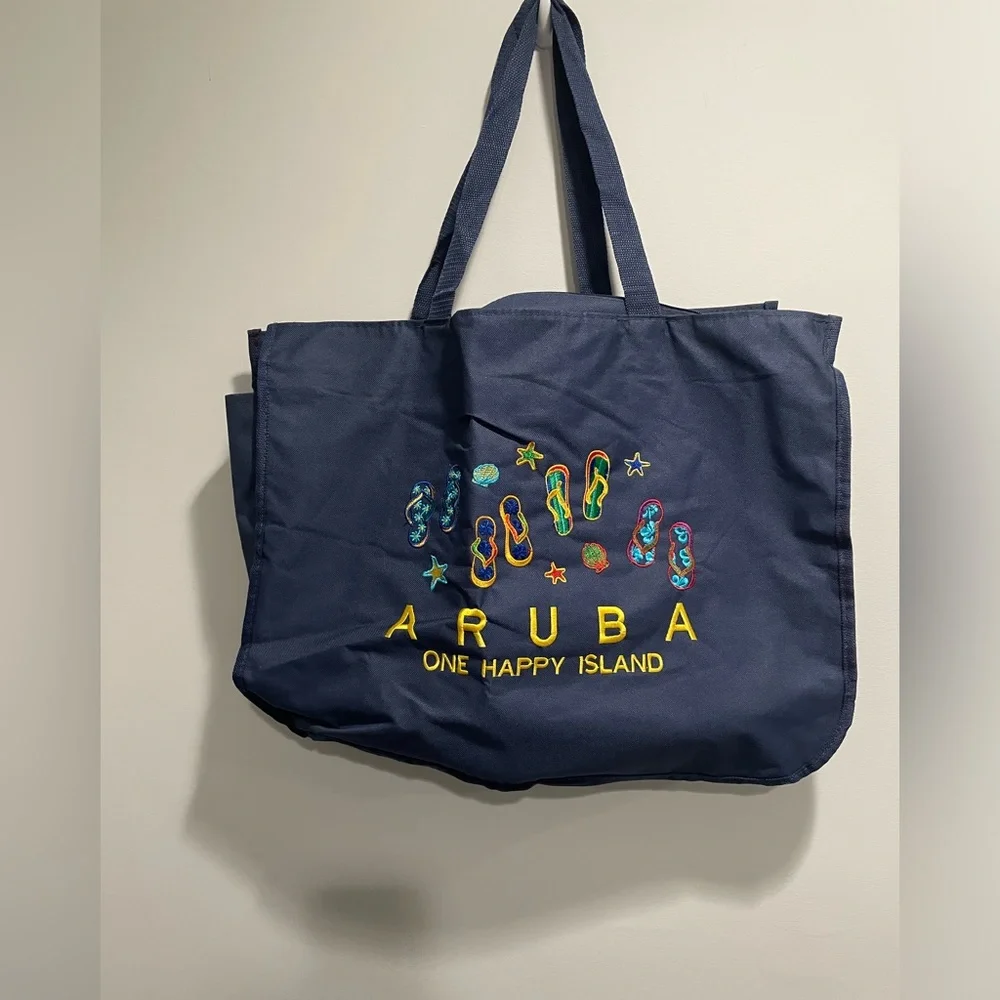 {ARUBA} ๐ฆ๐ผ One Happy Island tote bag zipper top blue flip flops beach bag - Picture 1 of 4